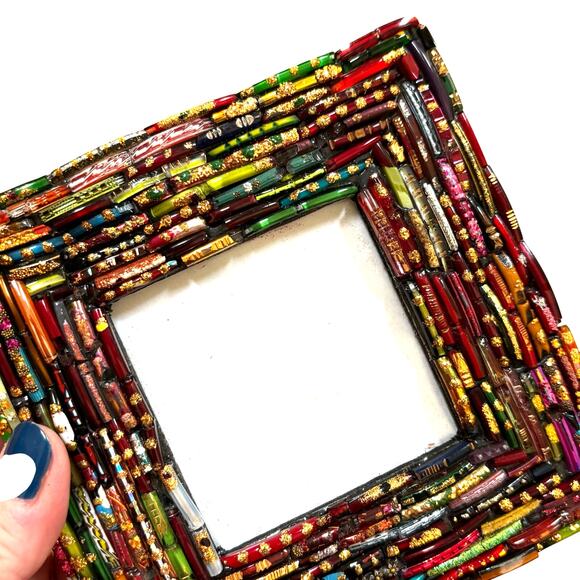 Unique photo frame multicolor glass beads standing small square desk top style - Picture 6 of 8